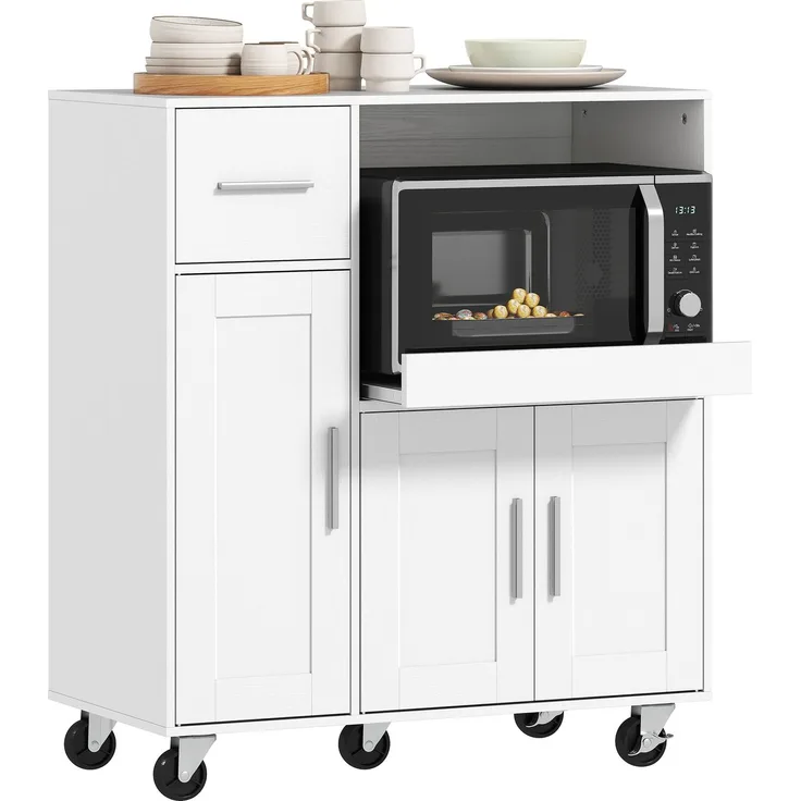 JARDJ Küchen-Beistellschrank mit Rollen, Küchen-Sideboard für Mikrowelle mit Auszugsschublade, 80 x 40 x 88,7 cm, Weiß
