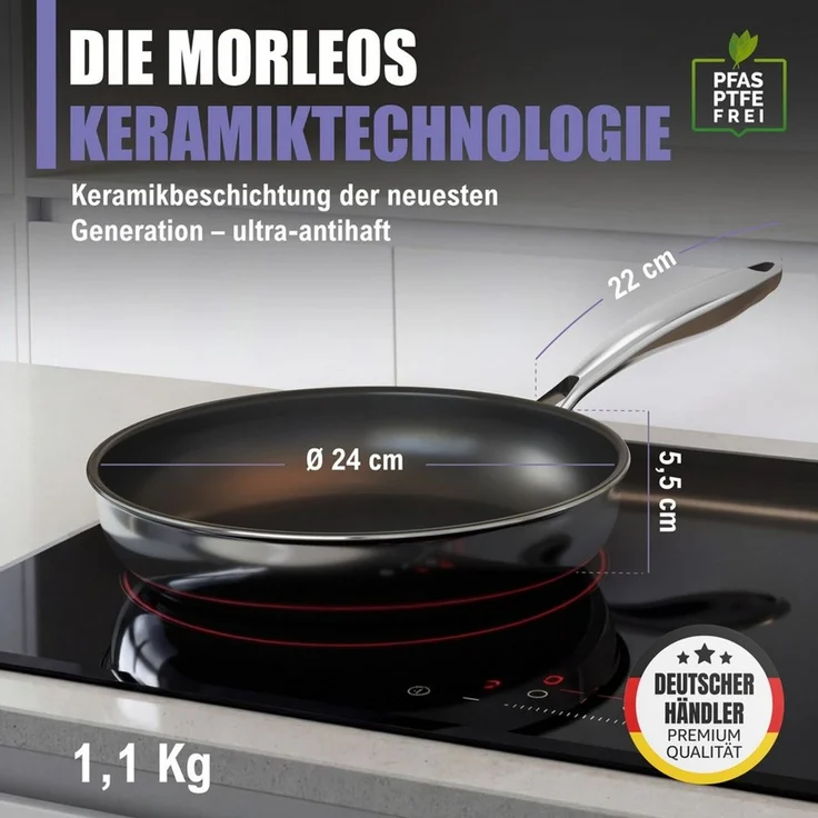 Morleos Bratpfanne Keramikpfanne Ø 24cm, Vollbeschichtet, 5-Schicht - 3mm, Edelstahl (1-tlg, Cerasana), 5-Schicht, 3mm, 1kg, backofenfest, spülmaschinengeeignet, Antihaft