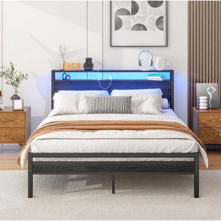 CHICFURN Bett aus MDF und Metall 140x200 cm mit Stauraum und USB-Anschluss Schwarz – Bild 3