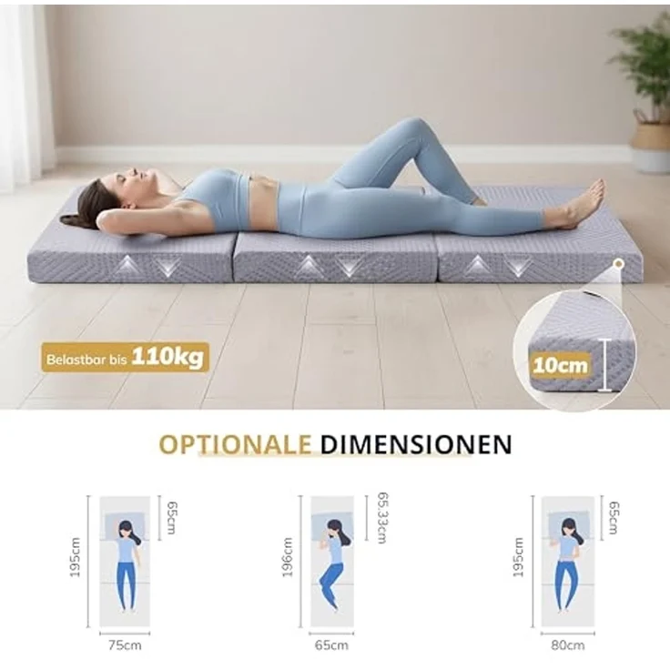 EGO Home Klappmatratze 75x195 cm, Gästematratze Klappbar Höhe 10 cm, Faltbare Matratze Härtegrade H3, Reisematratze, 3-Teilige Gel Visco Schaumstoff Faltmatratze für Reisen, Camping, Boden, Gästebet – Bild 3