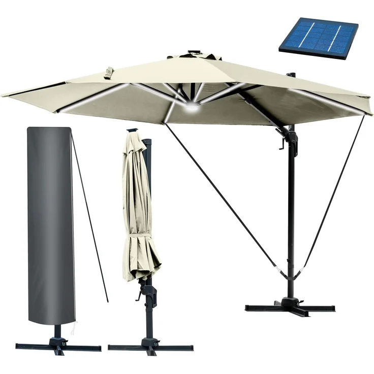 BRAST Alu Sonnenschirm Ampelschirm Ø360cm Beige + LEDs Windsicherung & Schützhülle UV-Schutz 80+ wasserabweisend mit Kurbelvorrichtung drehbar schwenkbar & höhenverstellbar – Bild 1