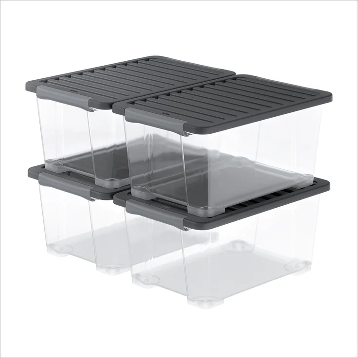 Rotho Core Plus Aufbewahrungsbox mit Deckel 44 L stapelbar transparent | Aufbewahrungsboxen im 4er-Set, mit Griffen, transparentem Kunststoff, für Keller und Büro, Ordnungssystem mit App-Anbindung