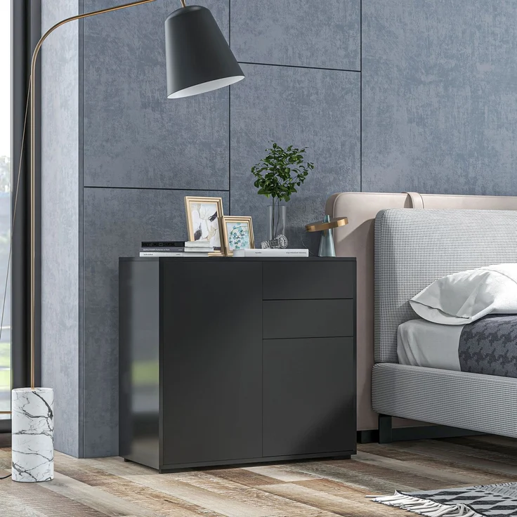 Sideboard 79 x 36 x 74 cm aus Sperrholz in Schwarz mit Schubladen und Türen – Bild 1