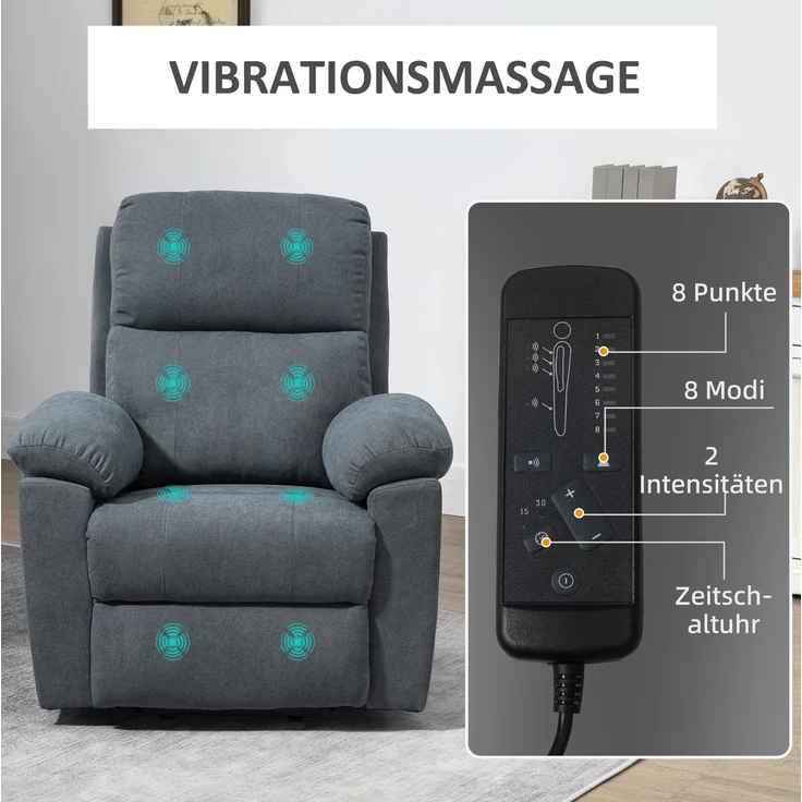 Massagesessel mit Aufstehhilfe, Leinenbezug, 8 Vibrationsmotoren, 89x99x103 cm, Grau – Bild 4