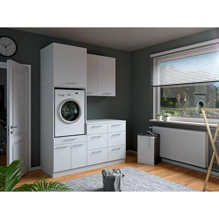 Laundreezy Waschraum Komplett-Set, Weiß - Modulares Schranksystem für Waschküche & Hauswirtschaftsraum - 168 x 238 x 68 cm (B/H/T) – Bild 6