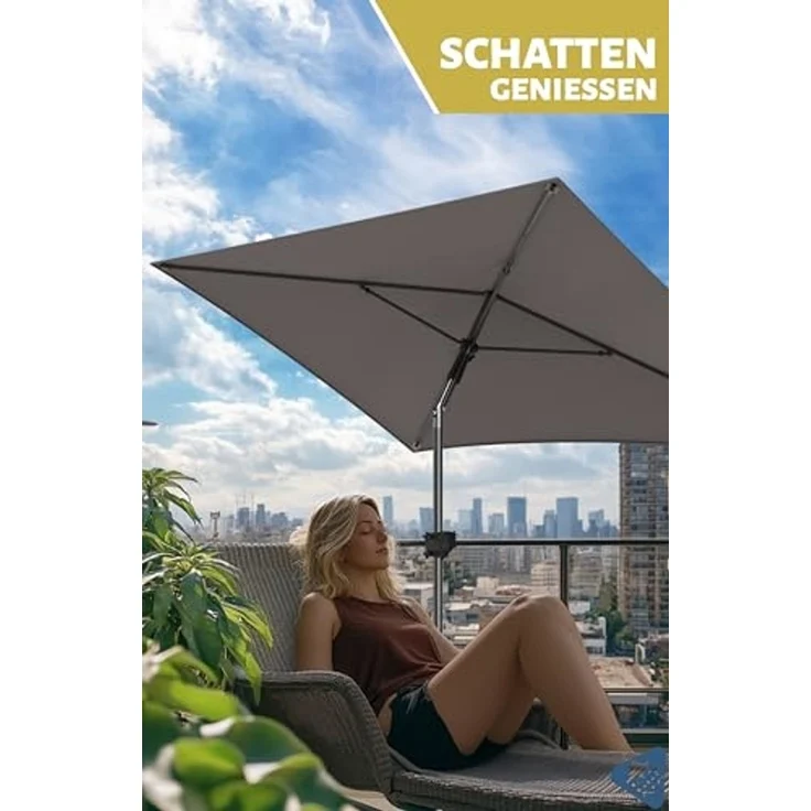 Menz Sonnenschirm Balkon - 3-IN-1 Sonnenschutz Balkon SET in Taupe, UPF 50+ Sonnenschirm rechteckig 200x125 cm + stabiler Sonnenschirmhalter Balkongeländer + Sonnenschirmhülle – Bild 3