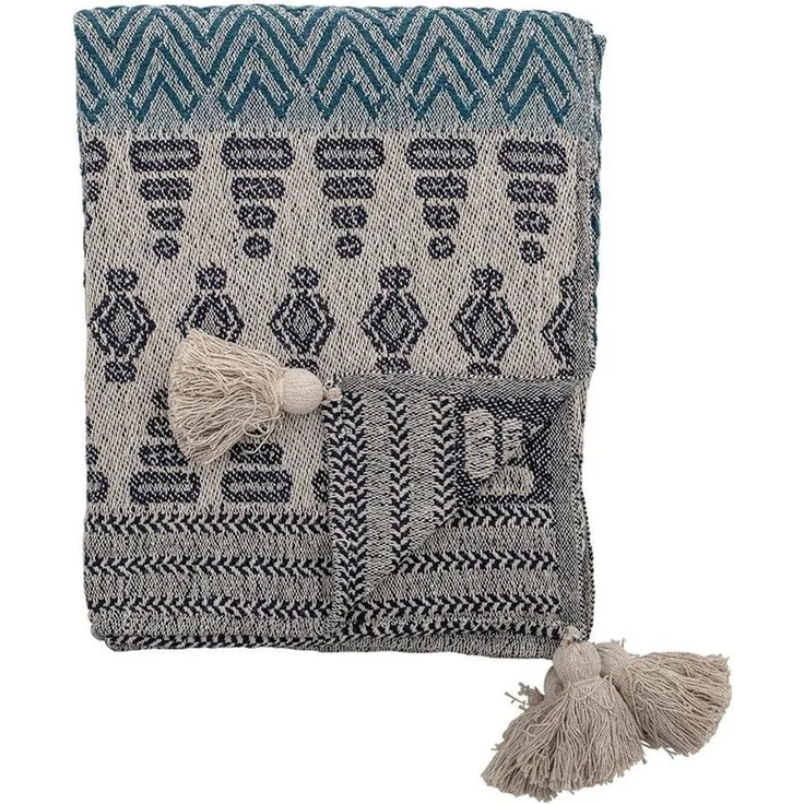 Bloomingville Tagesdecke Milas Throw, Blue, Recycled Cotton, Decke, 160x130cm, gemustert Quasten Kuscheldecke, dänisches Design, blau/grau