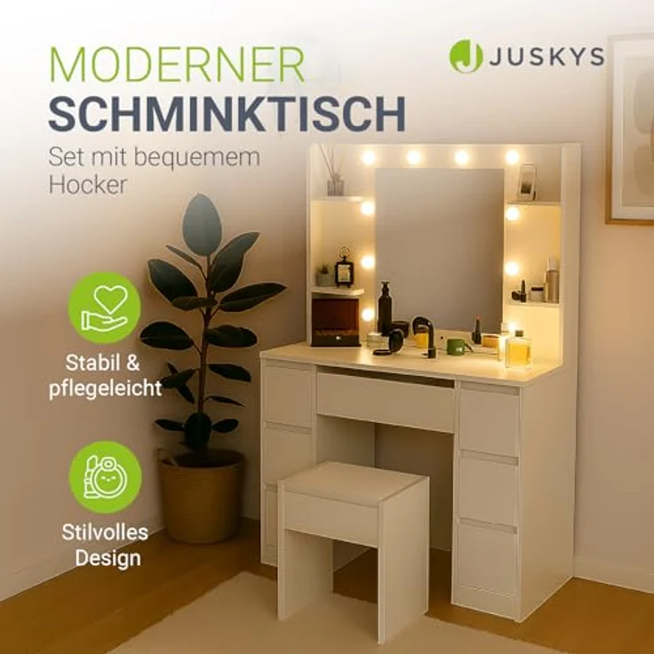 Juskys Schminktisch Malia und Hocker Melly mit LED-Beleuchtung & Spiegel, 7 Schubladen, stufenlos dimmbar, 3 Farbtemperaturen, Stauraum, elegantes Design – Weiß – Bild 3