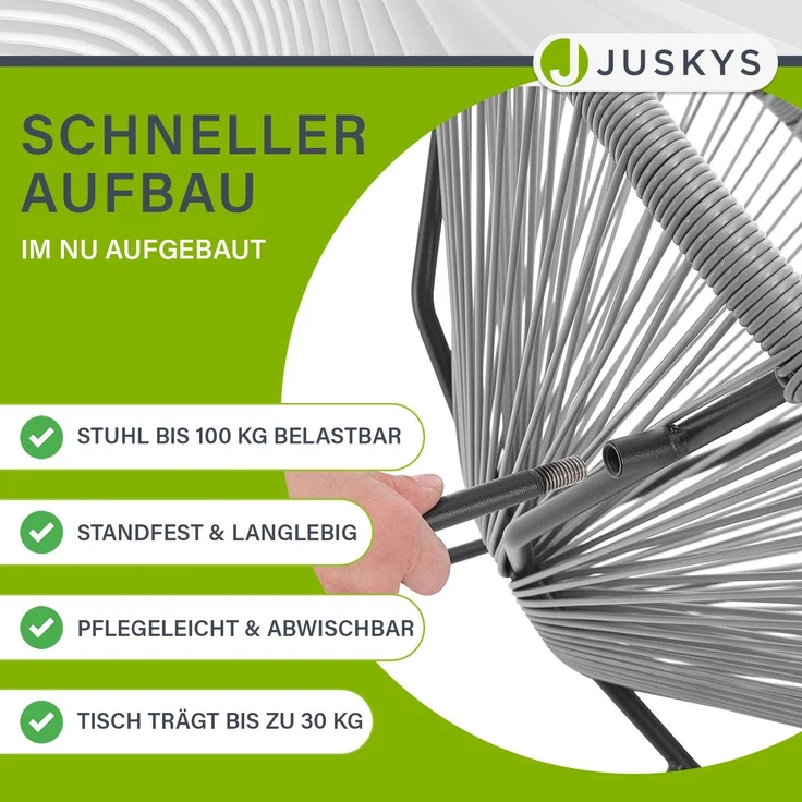 Juskys 'Ostana' Balkonmöbel Set, 3-teilig, Tisch + 2x Sessel, Polyrattan, Hellgrau – Bild 5