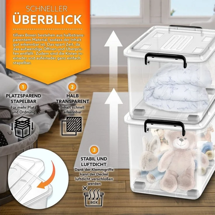 tillvex® Aufbewahrungsboxen mit Deckel 4er Set - 24L, lebensmittelecht | Kunststoff Boxen Set stapelbar | Aufbewahrung Ordnungssystem Box groß | Aufbewahrungsbox Kleiderboxen transparent 100% Neumaterial – Bild 2