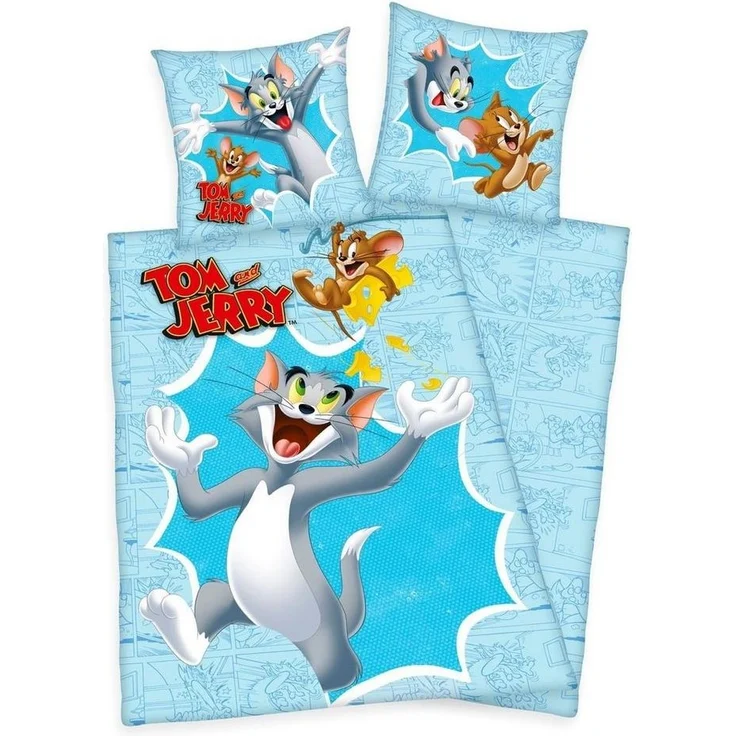 Herding Kinderbettwäsche Tom & Jerry 135x200cm Katz Maus, Renforcé, 2 teilig, TOM AND JERRY, Happy, Käse, Blau, Baumwolle – Bild 1