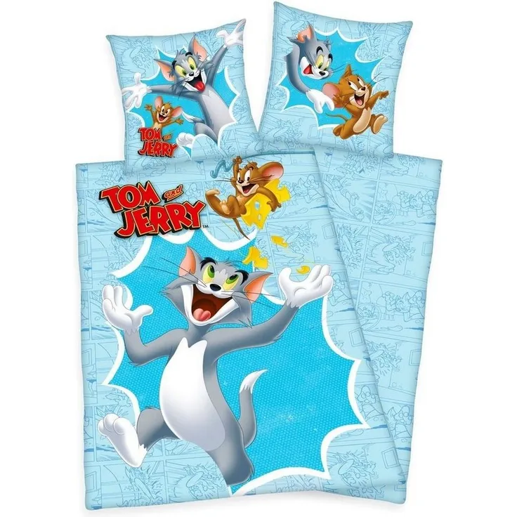Herding Kinderbettwäsche Tom & Jerry 135x200cm Katz Maus, Renforcé, 2 teilig, TOM AND JERRY, Happy, Käse, Blau, Baumwolle