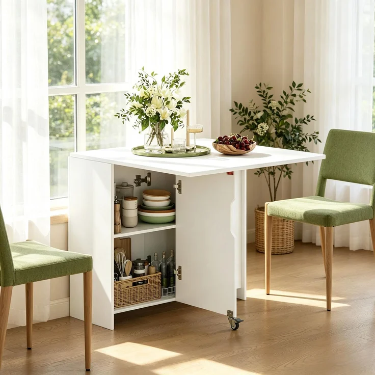 Mobiler Couchtisch,Klappbarer Rollentisch mit integriertem Stauraum für flexiblen Einsatz,Klapptisch,Funktionaler Beistelltisch,Erweiterbarer Esstisch(nur mit 1pcs Esstisch)--Weiß--95x90x35cm--YOUDENOVA – Bild 9