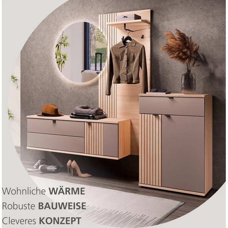 PISA Hänge-Schuhschrank mit 1 Holztür und 1 Klappe in Basalt matt mit Leistenoptik Riva Eiche – FSC-Zertifiziert – Modernes Schuhregal mit 3 Fachböden – 133 x 43 x 38 cm (B/H/T) – Bild 3