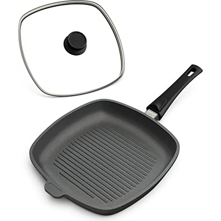 Hoffmann Germany Grillpfanne Steakpfanne Aluguss eckig 28x28 cm mit Deckel – Made in Germany, Aluguss (Set, 2-tlg, 1x Grillpfanne 28x28 cm + 1x Glasdeckel), Grillstreifen, abnehmbarer Griff, Antihaft, backofenfest, Induktion
