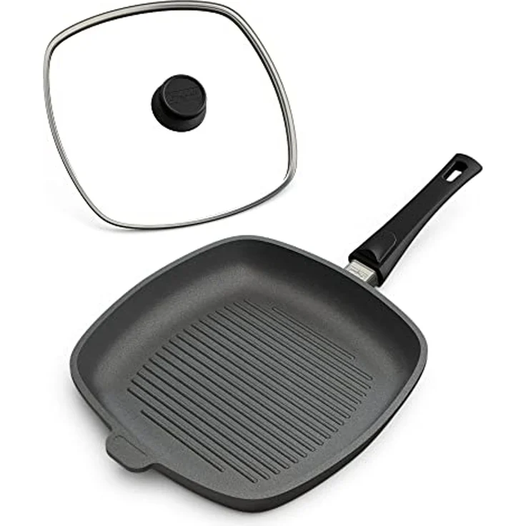 Hoffmann Germany Grillpfanne Steakpfanne Aluguss eckig 28x28 cm mit Deckel – Made in Germany, Aluguss (Set, 2-tlg, 1x Grillpfanne 28x28 cm + 1x Glasdeckel), Grillstreifen, abnehmbarer Griff, Antihaft, backofenfest, Induktion – Bild 1