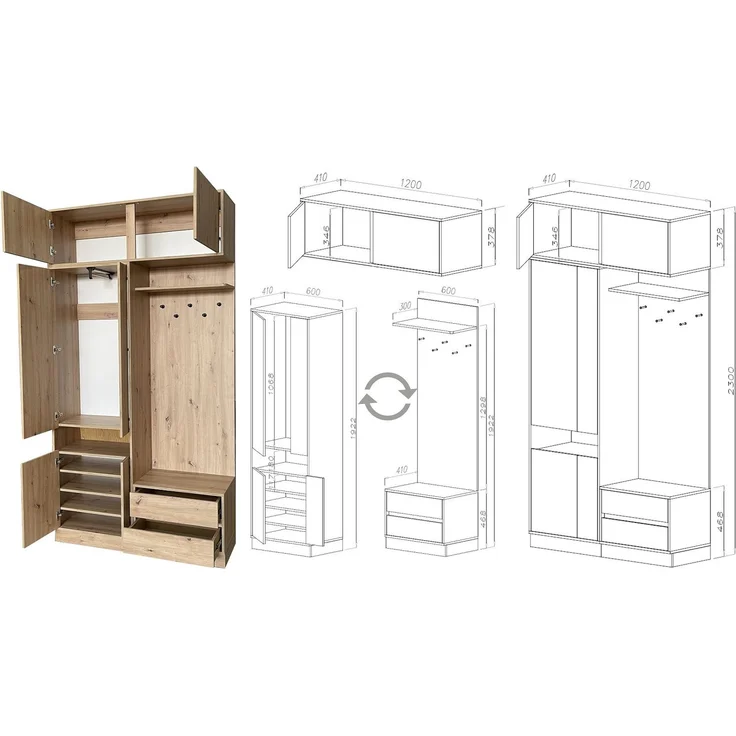 Marmex Möbel Arti N Hoher Garderobenschrank mit Erweiterung, Multifunktionale Flurgarderobe mit Spiegel, Sitzplatz und Zwei Schubladen, laminierte Spanplatte, artisan Eiche, 120x230x41 cm – Bild 3
