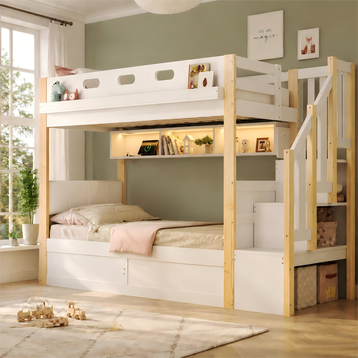 U-life Etagenbett 90x200 cm, fürs Kinderzimmer, Kinderbett, Holzbett, LED-Beleuchtung, USB-Aufladen, Massivholz, Weiß – Bild 3