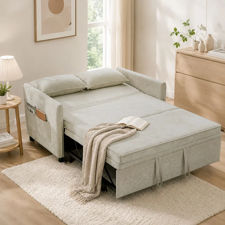 Wohnora-2-Sitzer-Schlafsofa, 3-in-1-Schlafsofa aus Chenille, 125 cm breit, mit verstellbarer Rückenlehne, breiter Sitzfläche, 2 Kissen, Creme,H 940cm x T 1250cm x B 910cm – Bild 2