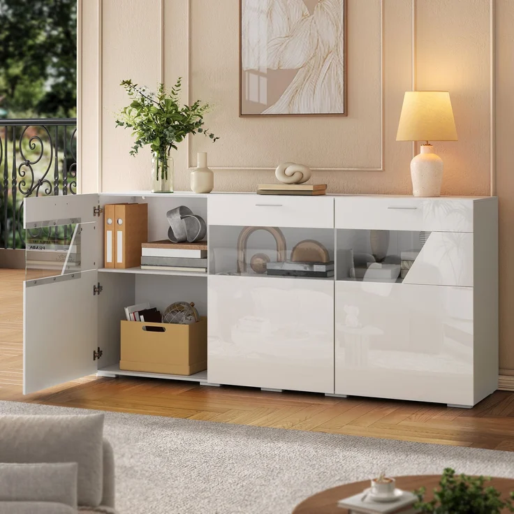 ZUBALIYA Sideboard 160x38x78 cm, mit LED-Beleuchtung, Hochglanz, mit 3 Türen, aus Spanplatte, Weiß – Bild 6
