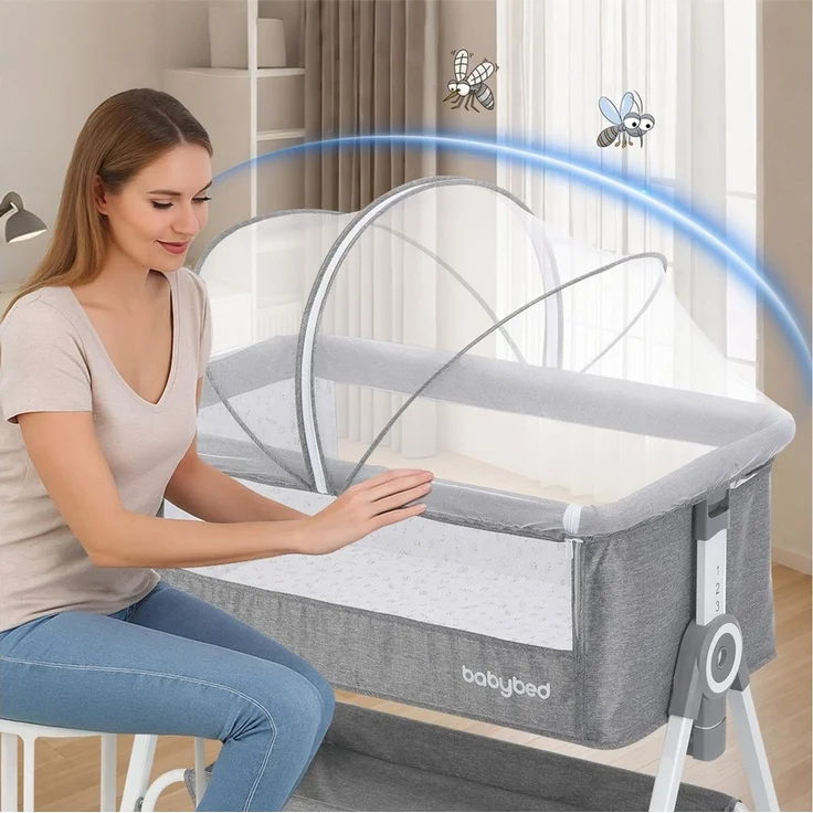 oyajia Beistellbett 3 in 1 Babybett Babywiege für Neugeborene Schaukelbettchen Rädern, 6-stufige Höhenverstellung, mit Rollen, Matratze und Moskitonetz – Bild 2