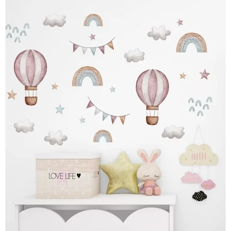 Montegoni Wandsticker Aquarell Rosa ballon & Regenbogen Wandaufkleber – Dekorative Wolken, geeignet für Kinderzimmer, Babyzimmer, Wohnraum Dekoaufkleber – Bild 5