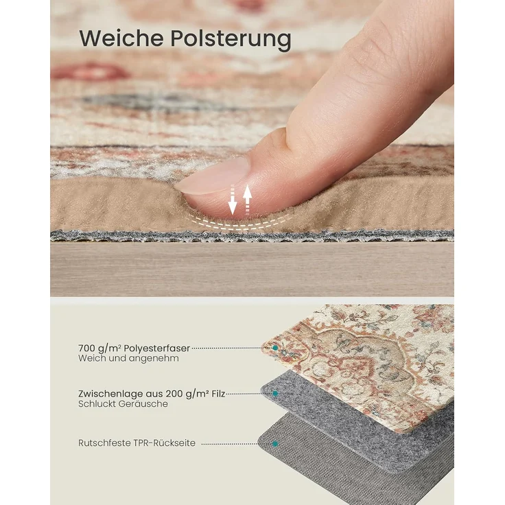 Songmics HOME Teppich, 120x170 cm, Wohnzimmerteppich, Rutschfester Teppich, traditioneller Vintage-Stil, maschinenwaschbar, Cappuccinobeige – Bild 3