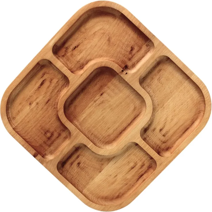 25x25cm Servierplatte aus natürlichem Holz mit 5 geteilten Fächern, Servierteller von Vorspeisen, Käse und Snacks, Holzplatte Cheeseboard für Fleisch und Käse, Käseplatte, Cheese Board – Bild 1