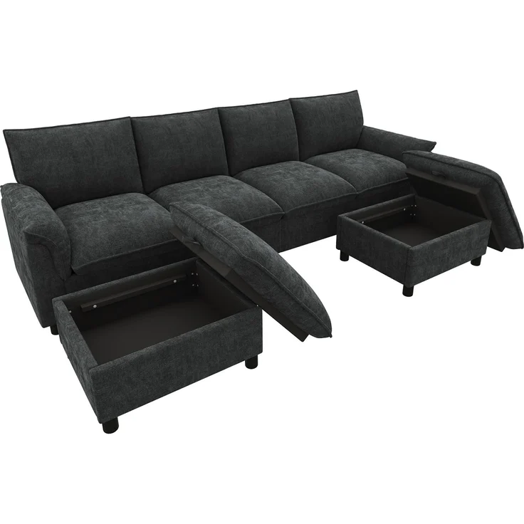 Merax U-förmiges modulares Sofa, bequemes Ecksofa mit Deep-Seat-Design, mit 2 beweglichen Fußhockern, hohe Rückenlehne, Chenille, Schwarz, B264.5/D142.5/H84 – Bild 10