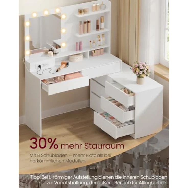 VASAGLE Schminktisch mit Beleuchtung und Hocker Set | Kosmetiktisch in L-Form mit 8 Schubladen und Steckdose, für Schlafzimmer, KAILYN Kollektion RDT140WB01-02 – Bild 6