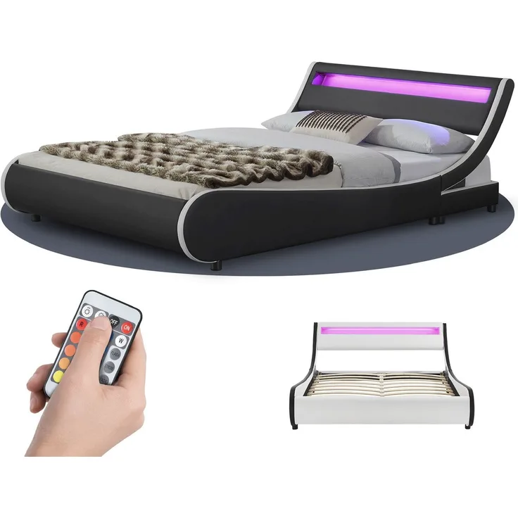 Juskys 'Valencia' Polsterbett mit LED-Beleuchtung, Kunstleder, Schwarz, 140x200 cm, ohne Matratze