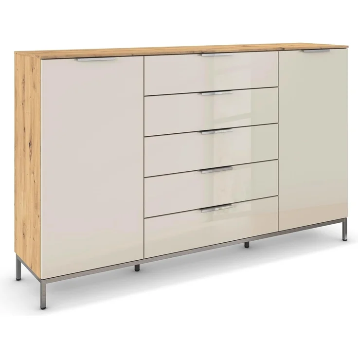 Rauch Möbel Flipp, Nachttisch für Schlafzimmer, Flur, Garderobe, 2-türig, 5 Schubladen, mit Softclose-Funktion, Griffe und Metallkufe Chrom, Farbe Eiche Artisan, Holz/Glas Beige, Breite 180 cm – Bild 1