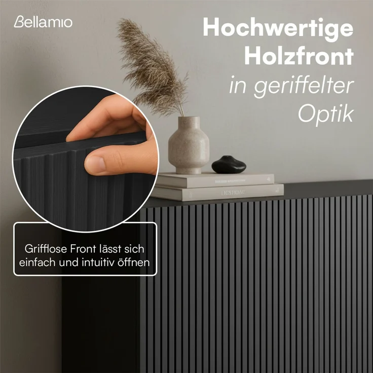 Bellamio 'Tana' Kommode, schwarz mit geriffelter Front, 85x40x92 cm, Sideboard mit 2 Türen und 4 Fächern – Bild 5