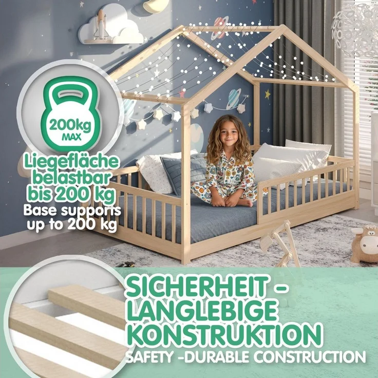 CADANI Kinderbett Malte Hausbett Bodenbett - Rausfallschutz abnehmbar - bis 200 kg (120x200 cm, Montessori Kinder- & Jugendbett aus Kiefer Massivholz), inkl. stabilem Roll-Lattenrost, langfristig nutzbar, Natur – Bild 4