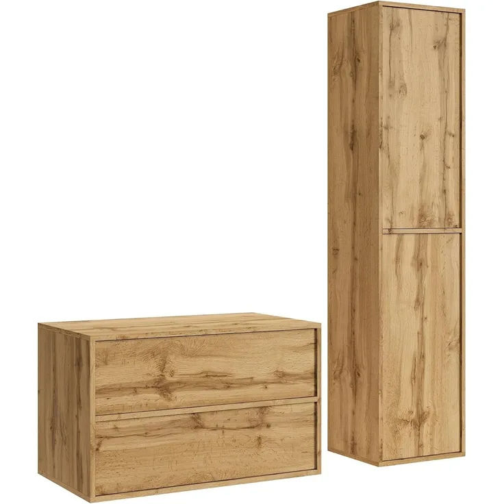 Badezimmermöbel Waschbeckenunterschrank Mali 80 cm – Eiche – Badezimmermöbel mit Hochschrank