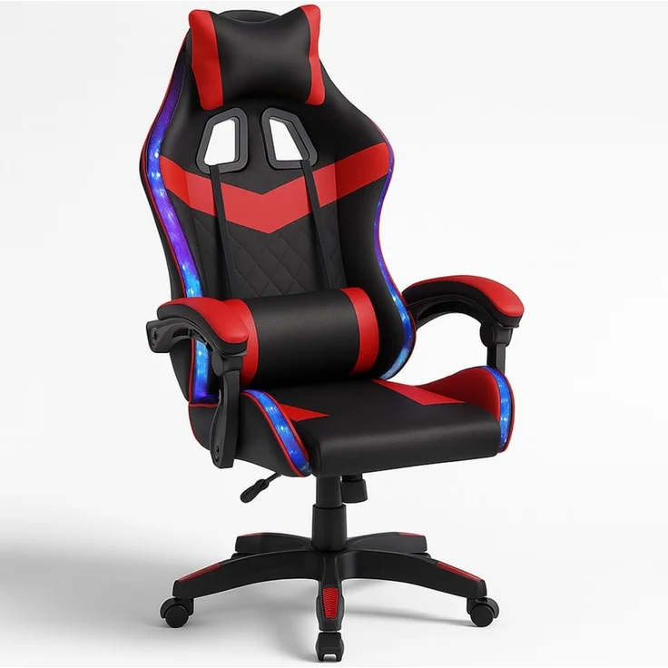 Shally Dogan Gaming-Stuhl mit mehrfarbigen RGB-LED-Streifen, Bezug aus Kunstleder, verstellbare Rückenlehne, Höhe verstellbar von 106 bis 116 cm, Bürostuhl, Kinderzimmer (rot)
