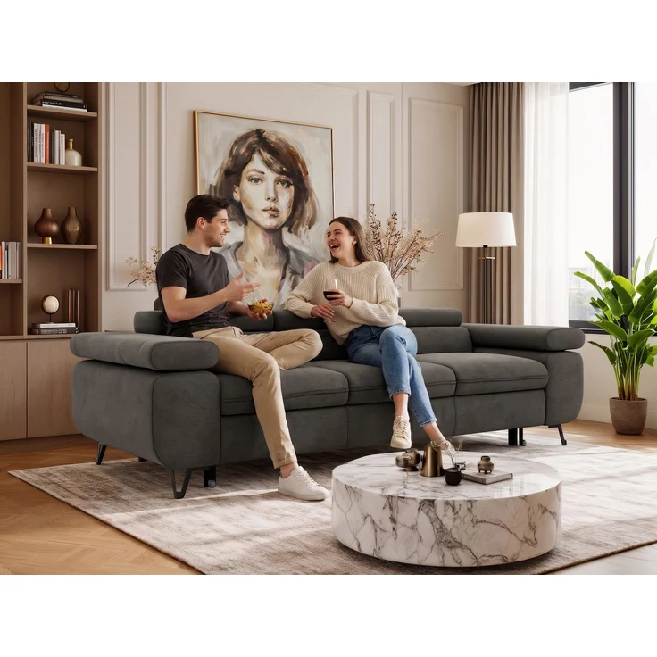 Polstersofa PETER, Sofa 3-Sitzer mit Schlaffunktion, verstellbaren Armlehnen und Kopfstütze, Gepolsterte Couch, Wellenfeder - Beige Struktur – Bild 3