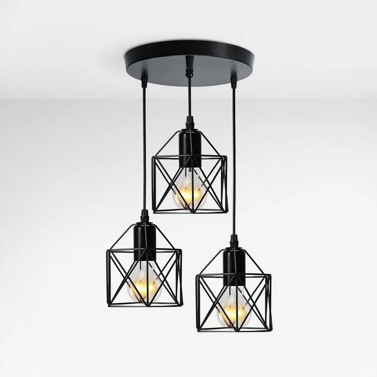 EMKE Pendelleuchte 3-flammig Industriell höhenverstellbar, ohne Leuchtmittel, E27-Fassung, Eisen Schwarz, Ideal für Esszimmer, Küche & Wohnzimmer – Bild 1
