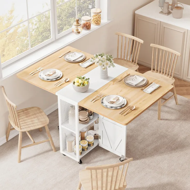 Jocoevol Esstisch Klappbar Küchentisch für 2-4 Personen, Klapptisch mit Trennwand und zweilagigem offenem Regal, Ausziehbar mit Rollen für Küche & Esszimmer, 120 x 60 x 76 cm, Ahorn + Weiß