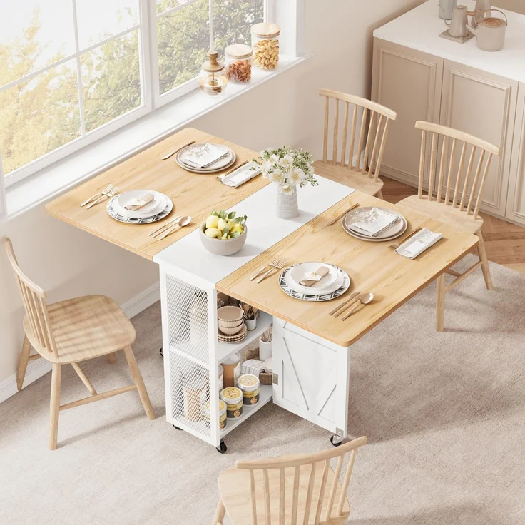 Jocoevol Esstisch Klappbar Küchentisch für 2-4 Personen, Klapptisch mit Trennwand und zweilagigem offenem Regal, Ausziehbar mit Rollen für Küche & Esszimmer, 120 x 60 x 76 cm, Ahorn + Weiß