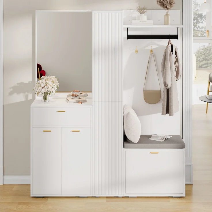 Garderobenset Wandgarderobe –Kompaktgarderobe Schmaler mit Spiegel-Anrichte, Kleiderstange, 3 Türen, Kippfach-Schuhregal, Sitzbank und Schublade, Flurschrank für Diele, Weiß,150x36x180(N657P38724789W)--Weiß--150x36x180cm--YOUDENOVA – Bild 4