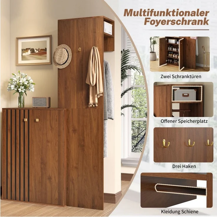 Yorbay Garderoben-Set 2-ST mit Stauraum, 115cm Breit Flurgarderobe mit Haken&Kleiderstange, Kompaktgarderobe (Schuhschrank+Flurgarderobe), Vintage Braun – Bild 2