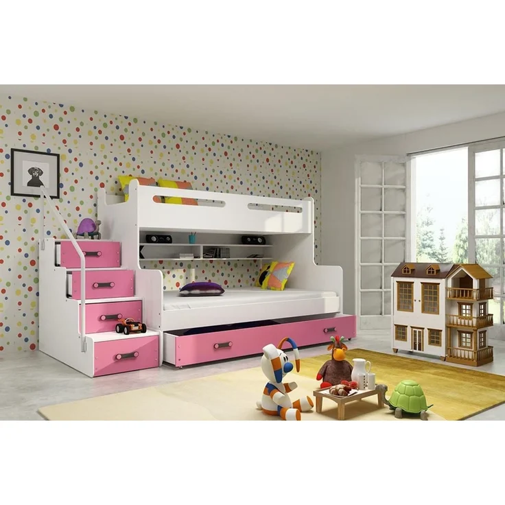 BMS Etagenbett für Kinder MAX 3 Weiß Rosa mit 2 Matratzen – Bild 2