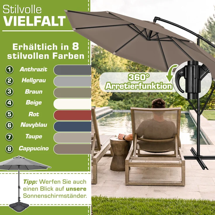 tillvex Sonnenschirm Cappuccino Ø 300 cm Ampelschirm Gartenschirm Marktschirm Kurbel Balkon Alu Neigbar – Bild 5