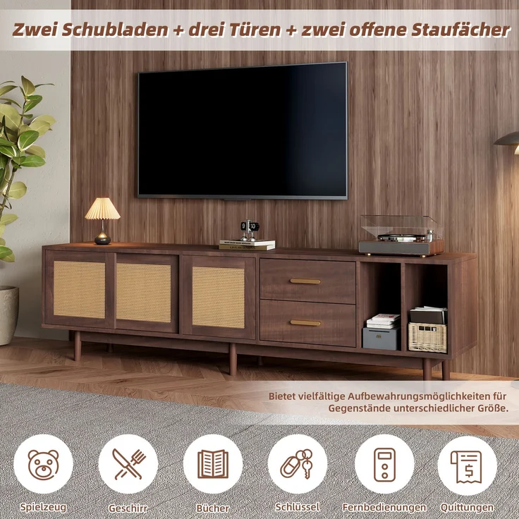 TV Schrank Lowboard 190x40 cm Braun Spanplatte Rattan Türen 3 Türen 2 Schubladen halboffen Wohnzimmer Board – Bild 9