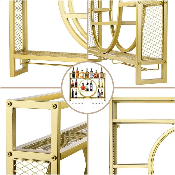 XIIW Weinregal 140 x 80 x 15 cm 3 Ebenen Wandmontage Metall Flaschenregal Weinhalter Gold, 30 Flaschen Wein, Barregal Schwebende Regal mit Weinglashalter, für Küche, Esszimmer, Bar, Deko – Bild 3