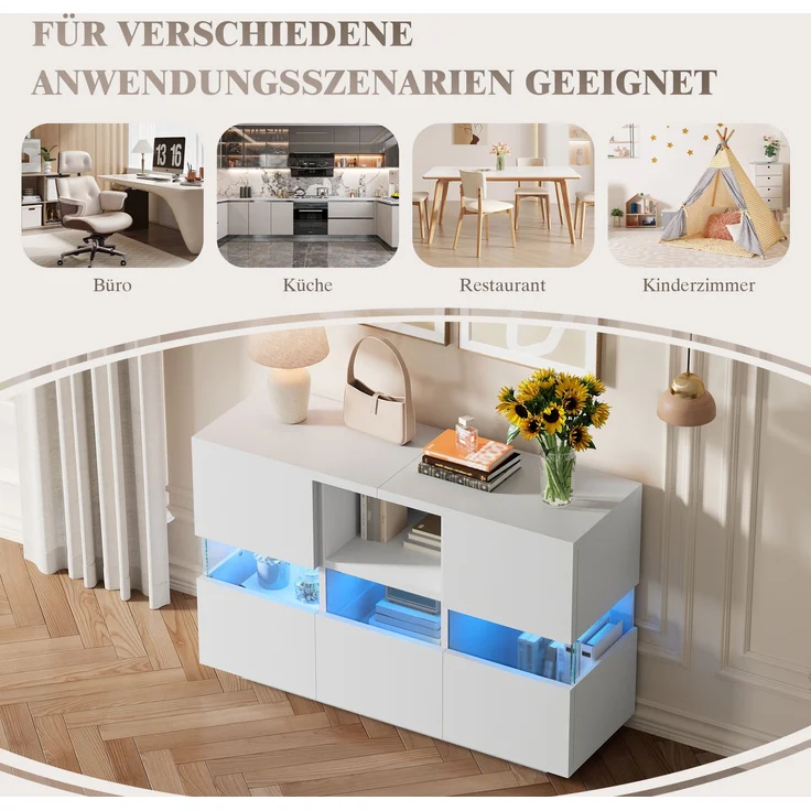 Wohnzimmerschrank aus Holzwerkstoff mit Glasvitrine & LED, 140x35x75 cm, Weiß – Bild 9
