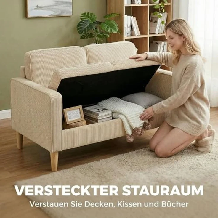 HOMCOM Loveseat Modern Polstersofa mit 2 Wurfkissen Stauraum Massivholzfüßen (Couch, 1-St, 2-Sitzer Sofa), aus Corduroy für Wohnzimmer, Schlafzimmer, Beige 117 x 63 x 79 cm – Bild 4