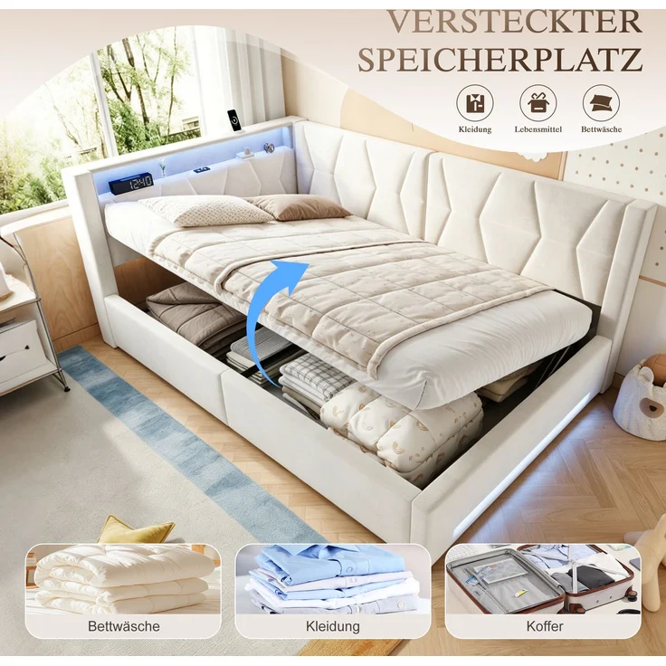 LVHOM Einzelbett 140x200 cm mit Stauraum, Polsterbett mit LED, USB und Type-C, Jugendbett, Hydraulischem Bettgestell, Samt, Beige – Bild 4