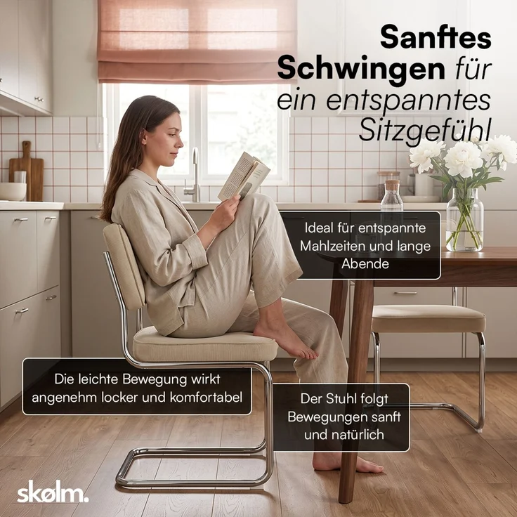 skølm 'Thund' Esszimmerstühle 2er Set, beige, Polsterstuhl aus Cord mit verchromten Metallgestell, Schwingstuhl bis 120 kg belastbar – Bild 3